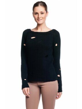 Acrobat Distressed Ragline Sweater Black Raglan Pullover Holes NWT